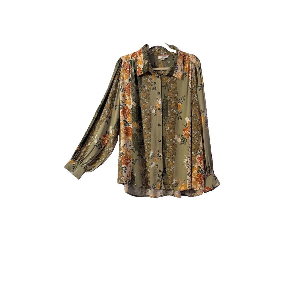 Andree by Unit Floral Patchwork Blouse Top Size 2X Button Up Puff Sleeve Cottage